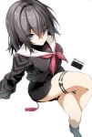  1girl absurdres black_eyes black_hair black_shirt black_shoes black_skirt cellphone closed_mouth commentary_request crossed_legs from_above hair_between_eyes highres kayoupii liu_cuilan medium_hair mole mole_under_mouth muv-luv muv-luv_girls_garden neckerchief phone red_neckerchief sailor_collar school_uniform shirt shoes simple_background sitting skirt smartphone solo thigh_strap twitter_username white_background white_sailor_collar 