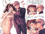  1boy 1girl artist_name bare_shoulders black_jacket black_pants black_suit blush breasts brown_hair closed_eyes commentary couple dress english_commentary english_text grin heart_hands_failure hetero highres jacket kiss kissing_cheek kujikawa_rise laikauu long_hair medium_breasts narukami_yu pants persona persona_4 short_hair smile speech_bubble suit thumbs_up wedding wedding_dress 