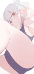  1girl ass ass_focus bare_arms bare_legs bare_shoulders blunt_bangs blush breasts closed_mouth commentary feet_out_of_frame foreshortening grey_hair hair_between_eyes hair_ribbon highres hiroki_(yyqw7151) knees_up legs_up long_hair looking_at_viewer lying on_back one-piece_swimsuit original red_eyes ribbon school_swimsuit sidelocks simple_background sleeveless small_breasts solo swimsuit thighs white_background white_hair 