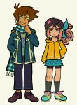  1boy 1girl alternate_costume alternate_eye_color alternate_hair_color alternate_hairstyle antenna_hair aubrey_(faraway)_(omori) aubrey_(omori) bike_shorts bike_shorts_under_skirt black_hair black_pants black_shorts black_socks blonde_hair blue_coat blue_ribbon blue_scarf blue_skirt brown_eyes brown_hair brown_shoes closed_mouth coat collarbone commentary_request ear_piercing earrings grin hair_ribbon hero_(faraway)_(omori) hero_(omori) highres jacket jewelry long_hair looking_at_viewer mole mole_under_eye multicolored_hair omori open_clothes open_coat open_mouth pants piercing pink_hair ribbon scarf shoes short_hair shorts simple_background skirt smile sneakers socks spanish_commentary sweatdrop teeth white_background xerotonink yellow_jacket zipper_pull_tab 