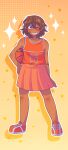  1boy absurdres alternate_costume alternate_eye_color ball bandaid bandaid_on_arm bandaid_on_cheek bandaid_on_face basketball_(object) blush brown_eyes brown_hair collarbone commentary commission crossdressing crossdressing_(mtf) dark-skinned_male dark_skin donuqx double-parted_bangs english_commentary freckles full_body grin hair_between_eyes highres holding holding_ball kel_(faraway)_(omori) kel_(omori) looking_at_viewer male_focus omori one_eye_closed open_mouth orange_shoes orange_skirt second-party_source shoes short_hair skirt smile sneakers solo teeth twitter_username 