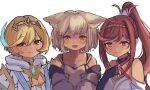  3girls animal_ears blonde_hair cat_ears chest_jewel fingerless_gloves glimmer_(xenoblade) gloves grey_hair light_blush looking_at_viewer mio_(xenoblade) multiple_girls off-shoulder_jacket off_shoulder open_mouth ponytail red_hair shimmer_(xenoblade) siblings sisters smile swept_bangs untangledtangle upper_body xenoblade_chronicles_(series) xenoblade_chronicles_3 xenoblade_chronicles_3:_future_redeemed 