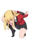  1girl absurdres arms_behind_back black_necktie black_ribbon black_socks blonde_hair blush bound closed_mouth collared_shirt commentary_request full_body hair_ribbon highres hyakkaou_academy_school_uniform jacket kakegurui kneehighs kneeling long_hair long_sleeves looking_at_viewer meitoku miniskirt necktie one_eye_closed plaid_clothes plaid_skirt pleated_skirt red_jacket restrained ribbon saotome_mary school_uniform shirt simple_background skirt smile socks solo twintails white_background white_shirt yellow_eyes 
