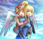  1boy 1girl angel artist_request blonde_hair blue_eyes blush brown_hair eyes_closed food ice_cream kid_icarus lowres metroid open_mouth pit pit_(kid_icarus) pixiv_thumbnail ponytail reiderch samus_aran skin_tight super_smash_bros super_smash_bros. wings zero_suit 