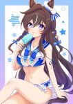  1girl airi_(akamichiaika) animal_ears bare_shoulders bikini blue_bikini blue_bow blue_eyes blue_sailor_collar blush bow braid breasts cleavage cleavage_cutout clothing_cutout collarbone commentary_request ears_through_headwear food hair_between_eyes hair_ornament hat heart heart_hair_ornament highres holding holding_food holding_popsicle horse_ears horse_girl horse_tail jewelry large_breasts long_hair looking_at_viewer mole mole_under_eye multicolored_hair navel necklace parted_lips popsicle sailor_bikini sailor_collar smile star_(symbol) star_hair_ornament stomach streaked_hair swimsuit tail umamusume vivlos_(umamusume) white_bikini 