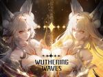  2girls absurdres animal_ear_fluff animal_ears bare_shoulders blonde_hair breasts chest_tattoo cleavage commentary_request copyright_name dark_background dramz dual_persona english_text forehead_tattoo fox_ears fox_girl hair_ornament highres hsin_(wuthering_waves) large_breasts long_hair looking_at_viewer mixed-language_commentary multiple_girls orange_eyes parted_lips smile tacet_mark_(wuthering_waves) tattoo upper_body white_hair wuthering_waves 