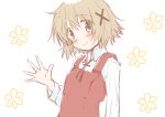  1girl absurdres aucufeo blush brown_hair closed_mouth collared_shirt commentary_request dot_nose floral_background hair_ornament hidamari_sketch highres long_sleeves looking_at_viewer overall_skirt overalls red_overalls school_uniform shirt short_hair smile solo waving white_background white_shirt x_hair_ornament yamabuki_high_school_uniform yuno_(hidamari_sketch) 