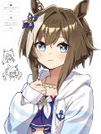  3girls absurdres animal_ears bikini blue_bikini blue_eyes blush braid breasts brown_hair ceceno cheval_grand_(summer_calm_navy_drop)_(umamusume) cheval_grand_(umamusume) cloak closed_eyes closed_mouth commentary_request ear_covers hair_between_eyes hair_ornament half_up_braid half_up_half_down_braid heart heart_hair_ornament heart_necklace highres hood hooded_cloak horse_ears horse_girl jacket jewelry long_sleeves looking_at_viewer multicolored_hair multiple_girls necklace official_alternate_costume official_alternate_hairstyle open_clothes open_jacket open_mouth single_ear_cover smile solo_focus streaked_hair swimsuit umamusume v_sisters verxina_(umamusume) vivlos_(eclat_d'ete)_(umamusume) vivlos_(umamusume) white_jacket 