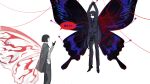 2girls belt black_gloves black_hair black_pants black_shoes black_suit blue_necktie blue_streaks bound butterfly_wings cigarette commentary_request gloves hand_in_pocket highres holding holding_cigarette insect_wings limbus_company long_hair looking_at_another midair multicolored_hair multiple_girls necktie nishikujic pants pinky_(identity)_(project_moon) project_moon red_eyes ryoshu_(project_moon) shirt shoes short_hair simple_background standing streaked_hair suit white_shirt wings 