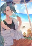  absurdres beach black_tank_top bright_pupils buizel coat commentary day eyewear_on_head food green_hair highres holding holding_food holding_popsicle long_hair marushi_(marusiiiil) open_mouth orange_shorts outdoors pokemon pokemon_scarlet_and_violet ponytail popsicle popsicle_stick red_eyes rika_(pokemon) shorts summer sunglasses tank_top very_long_hair wattrel white_coat white_pupils 