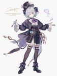  1boy black_jacket black_thighhighs commentary_request corset earrings full_body grey_eyes hat highres horns jacket jewelry male_focus mole mole_under_eye namiki_itsuki original pointy_ears sheep_horns shirt short_hair shorts simple_background solo test_tube thighhighs white_background white_hair white_shirt white_shorts 