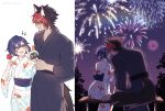  1boy 1girl animal_ears aqua_eyes bangboo_(zenless_zone_zero) belle_(zenless_zone_zero) bench black_hair black_kimono blush candy_apple ccxvi_201116 character-themed_food commentary_request dog_boy dog_ears dog_tail fireworks food hetero highres holding holding_candy_apple holding_food japanese_clothes kimono komano_manato looking_at_another multiple_views outdoors purple_hair red_eyes red_hair short_hair sitting summer_festival tail white_kimono zenless_zone_zero 