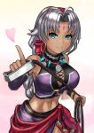  1girl absurdres bindi breasts clothing_cutout commentary_request crop_top cross-laced_clothes cross-laced_cutout cross-laced_top curtained_hair dark-skinned_female dark_skin earrings eiyuu_densetsu facial_mark forehead_jewel forehead_mark grey_hair gritter4asterisk highres holding holding_whip hoop_earrings jewelry looking_at_viewer navel_piercing parted_bangs piercing sarong scherazard_harvey simple_background smile sora_no_kiseki sora_no_kiseki_sc whip 