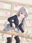  1girl absurdres ahoge arm_support aroused ayachi_nene black_jacket black_thighhighs blush bookshelf bow bow_panties breasts cameltoe chest_bow commentary_request commission crotch_rub feet_out_of_frame female_masturbation furrowed_brow grey_hair grey_sailor_collar grey_skirt hair_between_eyes hair_ribbon heart highres himematsu_academy_school_uniform indoors jacket large_breasts leaning_forward library lifting_own_clothes long_hair long_sleeves looking_down masturbation miniskirt moaning open_mouth panties pengon_pen pink_panties pink_ribbon plaid_clothes plaid_skirt pleated_skirt purple_eyes pussy_juice ribbon sailor_collar sanoba_witch school_uniform serafuku sidelighting skeb_commission skirt solo sound_effects speech_bubble standing straight_hair sweat table_humping teeth thighhighs thighs twitching underwear upper_teeth_only very_long_hair white_bow x-ray yellow_bow 