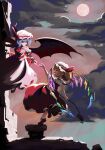  2girls absurdres alt_text ascot back_bow bat_wings blonde_hair blue_hair bow cloud collared_shirt commentary crystal crystal_wings english_commentary flandre_scarlet frilled_wrist_cuffs frills full_moon hat hat_ribbon highres holding holding_weapon laevatein_(touhou) mob_cap moon multicolored_wings multiple_girls night one_side_up paramonublado pink_hat pink_shirt pink_skirt puffy_short_sleeves puffy_sleeves reaching reaching_towards_another red_ascot red_bow red_eyes red_moon red_nails red_skirt red_vest red_wrist_cuffs remilia_scarlet ribbon shirt short_sleeves siblings sisters skirt skirt_set sleeve_bow touhou vest weapon white_hat white_shirt wings wrist_cuffs 