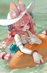  1girl absurdres alternate_costume animal_ear_fluff animal_ear_piercing animal_ears animal_ears_(norankkori) braid braided_twintails bright_pupils collarbone commentary ears_through_headwear frilled_one-piece_swimsuit frills furry furry_female green_one-piece_swimsuit hair_ornament hat highres innertube long_hair looking_at_viewer one-piece_swimsuit open_mouth outdoors partially_submerged pink_fur pink_hair pink_nails rabbit_ears rabbit_girl red_eyes saliva short_eyebrows solo sphere_hair_ornament sun_hat swim_ring swimsuit thick_eyebrows tongue tongue_out twin_braids water white_hat white_pupils zenless_zone_zero zhao_(zenless_zone_zero) 