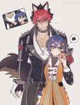  1boy 1girl animal_ears aqua_eyes belle_(zenless_zone_zero) black_hair black_jacket ccxvi_201116 commentary_request cowboy_shot dog_boy dog_ears dog_tail dress fangs fingerless_gloves gloves grey_background highres jacket komano_manato long_sleeves looking_at_viewer orange_dress puffy_long_sleeves puffy_sleeves purple_hair red_eyes red_hair short_hair simple_background standing tail zenless_zone_zero 