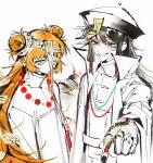  1boy 1girl bead_necklace beads bug centipede coat commentary_request double_bun e.g.o_(project_moon) expressionless hair_bun hand_up hdllc123 highres hundred-footed_death_maggot_(e.g.o) ishmael_(project_moon) jewelry jiangshi limbus_company long_hair necklace ofuda ofuda_on_head orange_hair project_moon sidelocks touqi_guaitan very_long_hair ziche_fuzhao 