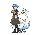  1girl beak bird black_pantyhose black_shirt black_shoes black_skirt blue_hair braid brown_eyes clenched_hands closed_mouth commentary crossover crown_braid english_commentary fire_emblem fire_emblem:_three_houses full_body hand_to_own_mouth high_heels long_sleeves looking_at_viewer lozyrosie marianne_von_edmund pantyhose pokemon pokemon_(creature) shirt shoes short_hair simple_background skirt skirt_set standing sugimori_ken_(style) swan swanna white_background wings 