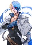  1boy absurdres belt black_pants blonde_hair blue_eyes blue_gloves blue_hair commentary gloves guilty_gear guilty_gear_strive harris_hero heterochromia highres jacket ky_kiske male_focus multicolored_hair pants red_eyes short_hair solo split-color_hair sword thunderseal two-tone_hair weapon white_background white_jacket 