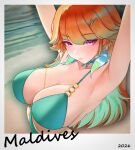  1girl absurdres armpits arms_up beach bikini breasts choker cleavage closed_mouth colored_inner_hair commentary day earrings english_commentary feather_earrings feathers gradient_hair green_bikini green_choker green_feathers green_hair hair_flaps halterneck highres hololive hololive_english jewelry large_breasts lazik_1337 long_hair looking_at_viewer multicolored_hair o-ring o-ring_bikini orange_hair outdoors purple_eyes solo swimsuit takanashi_kiara upper_body virtual_youtuber 