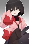  1boy 1girl ahoge araragi_koyomi arm_under_breasts black_eyes black_hair black_necktie black_pantyhose black_shirt black_skirt bob_cut breasts chinese_commentary commentary covered_collarbone crossed_legs empty_eyes foot_on_another's_head gradient_background grey_background hair_between_eyes hand_up highres juliet_sleeves knee_up long_sleeves looking_at_viewer monogatari_(series) naoetsu_high_school_uniform narrowed_eyes necktie open_mouth oshino_ougi outline pale_skin pantyhose pink_shirt pleated_skirt puffy_long_sleeves puffy_sleeves red_trim school_uniform shirt short_hair sitting skirt sleeves_past_fingers sleeves_past_wrists small_breasts smile solo_focus sweatdrop trampling tsugumi_(tgm_615486) turtleneck undershirt white_outline 