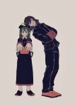  1boy 1girl age_difference aizawa_shota alternate_costume asui_tsuyu bead_necklace beads bebe black_eyes black_hair black_hat black_jacket black_pants black_shoes boku_no_hero_academia commentary_request double-parted_bangs dress facial_hair frog_girl full_body green_hair grey_background hair_rings hat head_on_head head_rest height_difference highres jacket jewelry jiangshi_costume leaning_on_person long_hair long_sleeves looking_at_viewer medium_hair necklace outstretched_arms pants qingdai_guanmao red_shoes shoes side-by-side simple_background solid_circle_pupils teacher_and_student zombie_pose 