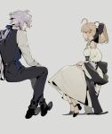  1boy 1girl absurdres ahoge artoria_pendragon_(fate) black_bow black_pants black_shoes black_vest blonde_hair bow dress eye_contact fate/grand_order fate_(series) flower grey_background grey_hair hair_bow highres invisible_chair looking_at_another merlin_(fate) pants pointy_ears profile saber_(fate) shirt shoes simple_background sitting strappy_heels vest white_dress white_flower white_shirt zhibuji_loom 