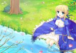  ahoge aqua_eyes artoria_pendragon_(all) bad_id bad_pixiv_id blonde_hair cover cover_page doujin_cover dress fate/stay_night fate_(series) field hair_ribbon highres petals ribbon river saber sitting soaking_feet solo tree trianon 