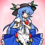  blue_hair blush bow eruru_(erl) fang food frills fruit hat heart heart_hands hinanawi_tenshi leaf long_hair long_skirt looking_at_viewer open_mouth peach red_eyes short_sleeves skirt solo touhou very_long_hair 