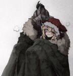  1boy 1girl animal_ear_hood animal_hood armor billythekidfan black_souls blonde_hair blue_eyes blush cape cloak closed_mouth commentary_request full_armor fur-trimmed_hood fur_cape fur_trim green_cape green_hair green_plume grey_cape grimm_(black_souls) helm helmet highres holding hood hood_up hooded_cape hug knight looking_at_viewer red_cape red_cloak red_hood red_hood_(black_souls) short_hair simple_background smile white_background wolf_hood 