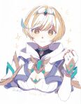  1girl blonde_hair breasts cleavage commentary core_crystal_(xenoblade) fingerless_gloves gloves highres looking_at_viewer mugimugis portrait puffy_sleeves shimmer_(xenoblade) short_hair smile swept_bangs tiara xenoblade_chronicles_(series) xenoblade_chronicles_3 yellow_eyes 