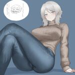 1girl absurdres ass blue_background blue_eyes blue_pants breasts brown_sweater commentary_request crossed_legs denim doodle_inset eidasu faust_(project_moon) feet_out_of_frame highres impossible_clothes impossible_sweater invisible_floor jeans large_breasts limbus_company long_sleeves looking_at_viewer pants project_moon short_hair simple_background sitting solo sweater translation_request turtleneck turtleneck_sweater white_hair 