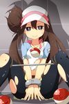  absurdres bdsm black_legwear bondage bound brown_hair gen_1_pokemon green_eyes hair_bun hair_half_undone highres jewelry kotomuke_fuurin long_hair looking_at_viewer mei_(pokemon) navel necklace pantyhose pokemon pokemon_(creature) pokemon_(game) pokemon_bw2 raglan_sleeves ribbon scratches shorts sitting smile solo spread_legs spreader_bar tears torn_clothes torn_legwear very_long_hair visor_cap voltorb 