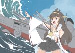  1girl ahoge blue_sky brown_eyes brown_hair brown_skirt cannon cloud commentary_request day detached_sleeves hairband headgear highres japanese_clothes kantai_collection kongou_(kancolle) kongou_pose long_hair nontraditional_miko open_mouth outdoors ribbon-trimmed_sleeves ribbon_trim rigging skirt sky smokestack solo tidal_wave toplow 