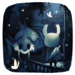  1boy 1other black_eyes black_skin bug butterfly cloak colored_skin dark facial_hair full_body grey_cloak hat highres hollow_eyes hollow_knight horned_mask horns knight_(hollow_knight) looking_at_another mask nail_(hollow_knight) night railing salamitown standing the_last_stag weapon white_hat white_mask 