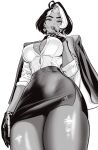  1girl absurdres black_gloves black_hair black_skirt breasts center_opening dark-skinned_female dark_skin domina_(overwatch) from_below gloves greyscale highres large_breasts looking_at_viewer monochrome mostlybluewyatt multicolored_hair office_lady overwatch pantyhose pencil_skirt skirt solo thick_thighs thighs torn_clothes torn_pantyhose 