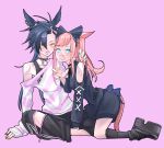  2girls agnes_digital_(umamusume) air_shakur_(umamusume) alternate_costume animal_ears black_boots black_bow black_dress black_hair black_pants black_socks blue_eyes blue_nails boots bow claw_pose clothing_cutout commentary cross cross_earrings dress ear_chain earrings fingernails full_body hair_bow highres horse_ears horse_girl horse_tail jewelry jirai_kei linked_piercing long_hair long_sleeves looking_at_viewer multicolored_nails multiple_girls open_mouth pants pappi piercing pink_background pink_hair pink_shirt shirt shoulder_cutout shoulder_tattoo simple_background socks striped_clothes striped_shirt tail tattoo umamusume white_shirt yellow_eyes yellow_nails 