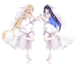 2girls absurdres alternate_costume bare_shoulders black_hair blonde_hair blue_eyes blue_hair breasts bridal_veil closed_mouth colored_inner_hair commentary_request dress elbow_gloves from_side full_body gloves hair_intakes hands_up high_heels highres korean_commentary large_breasts long_hair looking_at_viewer looking_to_the_side multicolored_hair multiple_girls open_mouth pantyhose parted_bangs ponytail shoes siblings simple_background sisters smile standing standing_on_one_leg suisui_(wuthering_waves) tacet_mark_(wuthering_waves) turning_head twitter_username veil wedding_dress white_background white_dress white_gloves white_pantyhose white_shoes white_veil wuthering_waves yangyang_(wuthering_waves) yangyang_(xuanling)_(wuthering_waves) yellow_eyes youngjoo_kjy 