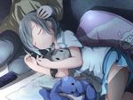  akino_coto bracelet child closed_eyes commentary_request controller grey_hair hand_on_another's_head highres jewelry lying on_side original pillow remote_control skirt sleeping stuffed_animal stuffed_bunny stuffed_toy 