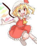  1girl absurdres ascot beachepisode blonde_hair collared_shirt commentary crystal crystal_wings english_commentary flandre_scarlet frilled_shirt_collar frilled_skirt frills hat hat_ribbon highres mob_cap multicolored_wings one_side_up open_mouth puffy_short_sleeves puffy_sleeves red_eyes red_skirt red_vest ribbon shirt short_sleeves simple_background skirt skirt_set smile socks solo touhou vest white_background white_hat white_shirt white_socks wings yellow_ascot 