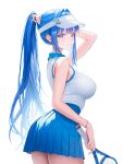  1girl absurdres alternate_costume alternate_hairstyle arcana_(nikke) blue_eyes blue_hair blue_skirt breasts commentary goddess_of_victory:_nikke highres holding holding_tennis_racket large_breasts long_hair looking_at_viewer pleated_skirt ponytail purple_eyes racket shirt simple_background skirt sleeveless sleeveless_shirt solo sportswear standing tennis_racket tennis_uniform visor_cap white_background white_shirt yamu_(yamu_030) 