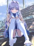  1girl akayama_yukihe blue_shirt blue_skirt blue_sky blush bow bow_panties clannad closed_mouth commentary day eyes_visible_through_hair feet frown fujibayashi_kyou hair_between_eyes hair_intakes hands_on_own_knees highres hikarizaka_private_high_school_uniform jacket knees_together_feet_apart knees_up legs long_hair looking_at_viewer miniskirt no_shoes outdoors panties pantyshot pleated_skirt purple_eyes purple_hair red_bow ribbon sailor_collar school_uniform serafuku shirt sidelocks sitting sitting_on_stairs skirt sky soles solo stairs thighhighs toes turtleneck turtleneck_shirt underwear very_long_hair white_panties white_ribbon white_sailor_collar white_thighhighs yellow_jacket 