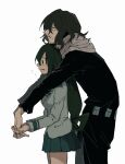  1boy 1girl age_difference aizawa_shota asui_tsuyu bebe black_hair black_pants black_shirt blush boku_no_hero_academia closed_mouth commentary_request cowboy_shot facial_hair flying_sweatdrops frog_girl green_hair green_skirt grey_jacket grey_scarf hair_between_eyes hair_rings head_on_head head_rest height_difference highres holding_hands interlocked_fingers jacket long_hair long_sleeves low-tied_long_hair mustache_stubble pants pleated_skirt scarf school_uniform shirt simple_background skirt solid_circle_pupils sparse_stubble stubble teacher_and_student u.a._school_uniform white_background 