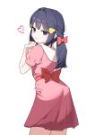  1girl absurdres black_hair bow closed_mouth commentary_request commission dawn_(pokemon) dress grey_eyes hair_bow hair_ornament hairclip hand_up heart highres kachi_5057 long_hair looking_to_the_side pink_dress pixiv_commission pokemon pokemon_(anime) pokemon_the_series:_diamond_and_pearl ponytail short_sleeves sidelocks simple_background smile solo white_background 