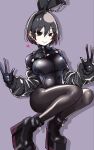  1girl animal_ears ankle_boots arm_cuffs black_bodysuit black_boots black_eyes black_hair black_leotard bob_cut bodysuit boots breasts chest_harness choker closed_mouth commentary_request detached_sleeves ear_chain empty_eyes gloves hair_between_eyes hands_up harness highleg highleg_leotard highres lace-up_boots large_breasts latex latex_gloves latex_legwear latex_leotard leotard linked_piercing monogatari_(series) oshino_ougi ozworld_9800 piercing puffy_sleeves rabbit_ears short_hair simple_background smile solo 