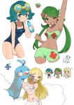  3girls absurdres alolan_vulpix altaria bikini blonde_hair blue_hair blue_one-piece_swimsuit blunt_bangs bounsweet braid braided_base bright_pupils chibi commentary_request dark_skin dirty dirty_clothes dirty_face floral_print floral_print_bikini flower goggles goggles_on_head gold_hairband green_eyes green_hair hair_between_eyes hair_flower hair_ornament hairband highres lana_(pokemon) lillie_(pokemon) mallow_(pokemon) midriff multiple_girls multiple_views nanami31124 navel no_sclera one-piece_swimsuit pink_flower pokemon pokemon_(anime) pokemon_the_series:_sun_&amp;_moon popplio print_bikini ramune strapless strapless_bikini swept_bangs swimsuit white_background white_bikini white_pupils 