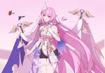  1girl absurdres animal_on_shoulder bare_shoulders bell bird bird_on_hand bird_on_shoulder black_shorts blue_jay breasts chinese_commentary commentary_request corset diamond-shaped_pupils diamond_(shape) elysia_(herrscher_of_human:_ego)_(honkai_impact) elysia_(honkai_impact) gloves heibai_aixin_bingjiling highres honkai_(series) honkai_impact_3rd large_breasts long_hair looking_at_viewer pink_hair purple_eyes short_shorts shorts smile solo symbol-shaped_pupils thighs veil very_long_hair white_corset white_hair white_veil 