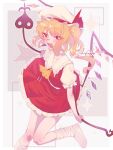  1girl a4_(a4_eishi) absurdres ascot blonde_hair blush commentary_request crystal crystal_wings fang flandre_scarlet frills hat highres holding laevatein_(touhou) long_hair loose_socks mob_cap multicolored_wings one_side_up open_mouth puffy_short_sleeves puffy_sleeves red_eyes red_skirt red_vest shirt short_sleeves side_ponytail signature skirt smile socks solo standing standing_on_one_leg touhou vest white_hat white_socks wings yellow_ascot 