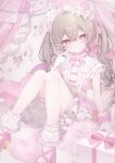  1girl 63_m accurate_lolita_coord animal_ear_hairband animal_ears bow bowtie braid dress fake_animal_ears frilled_dress frilled_socks frills gloves hair_bow hair_ornament hairband highres legband lolita_fashion lolita_hairband original pink_background pink_bow pink_bowtie pink_dress pink_eyes pink_shoes shoes smile socks sweet_lolita twin_braids twintails white_gloves 